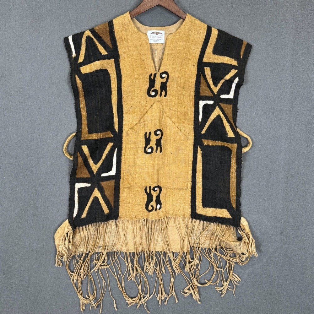 Ojoba Collective Vest Women OS Gold Black Cotton Mudcloth Fringe African Artisan